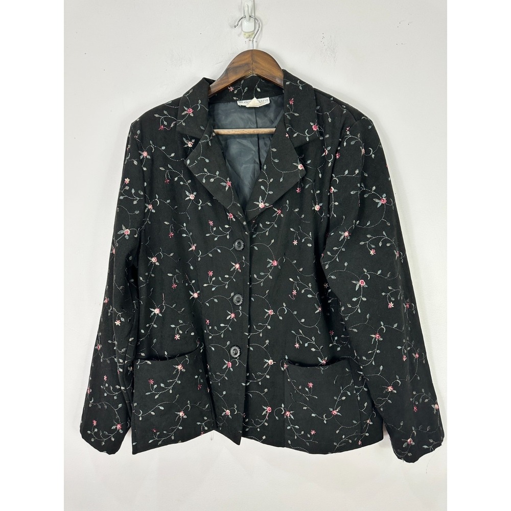 Dressbarn Blazer Woman 1X Black Floral Embroidered Button Up Jacket‎ Cottagecore